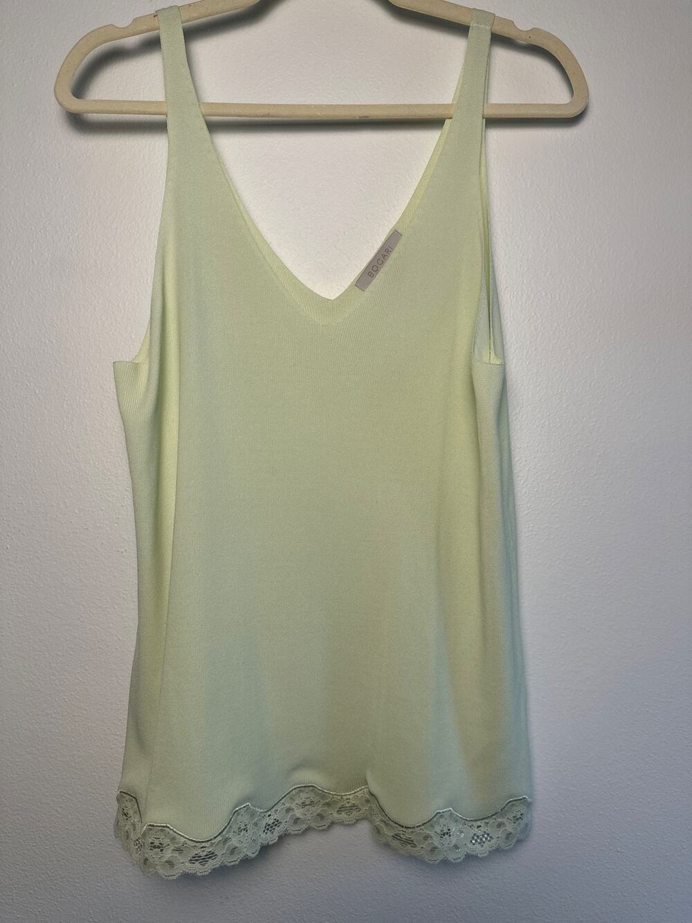 Bogari Pastel Green V-Neck Fine Knit Silk Blend Cami Scalloped Lace Hem Size L